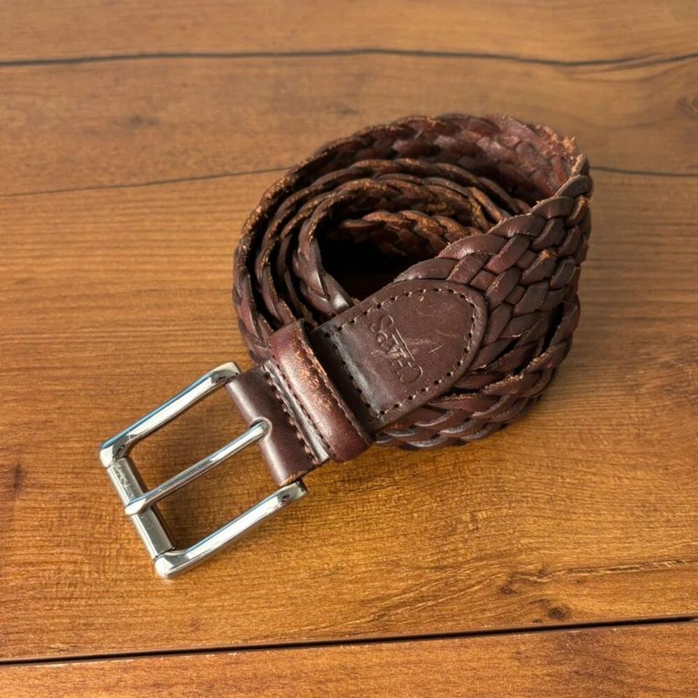 VTG Chaps Mens Braided Woven Leather Belt Dark Brown Silver Buckle 38 / 95